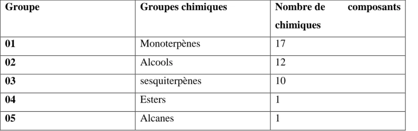 Tableau VI. Composition Chimique de l’huile essentielle de  P. chloranthus d’après DAHIA  (2009)