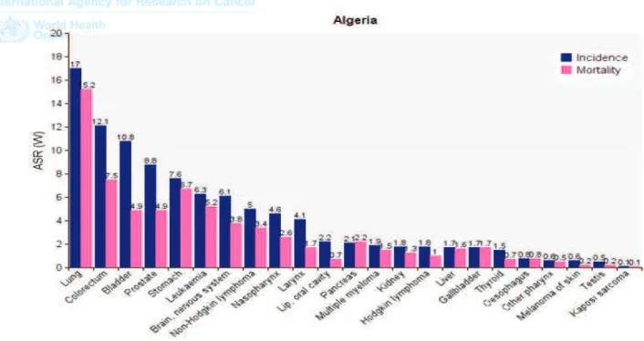 Figure 3: L'incidence et mortalité du cancer de la prostate dans l'Algérie en 2012 exprimée en  ASR (Age- Standardized Rate) (Ferlay et al., 2013)