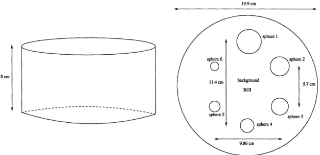 Figure  3-1:  The  cold-spot  hot-background  phantom.  The  right  is  the  cross  sectional image  at  the  center  plane  (with  a  height  of 4  cm)  of  the  left  cylinder.