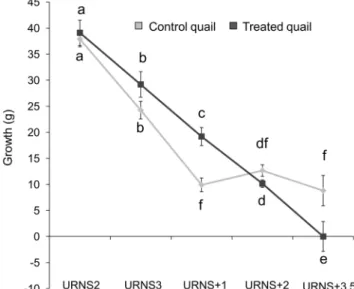 Figure 2. Percent of quail in moult in each group in relation to time. URNS3: end of procedure, URNS+X: X week(s) after the end of the procedure