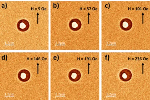 Fig. 3. MFM images of magnetic bubble in a dot for di ﬀ erent in-plane external magnetic ﬁ eld values.