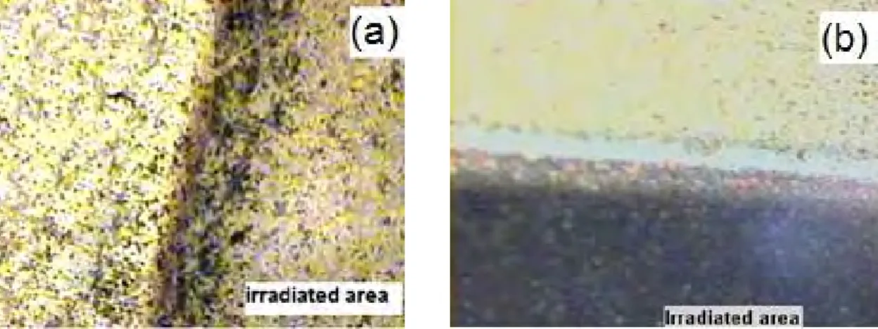 Figure 25: Micrographies optiques des zones irradiées par laser   (a) la densité d’énergie est de 210 mJ/cm 2  pendant 600 impulsions  (b) la densité d’énergie est de 495 mJ/cm 2  pendant 800 impulsions 