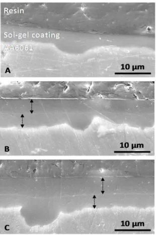 Figure 10. Scanning electron micrographs of cross-section for bilayer systems versus withdrawal  speeds: (A) 200; (B) 400 and (C) 600 mm min −1 