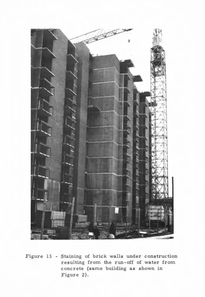 Figure 13 - Staining of brick walls under construction resulting from the run-off of water from concrete (same building as shown in Figure 2).