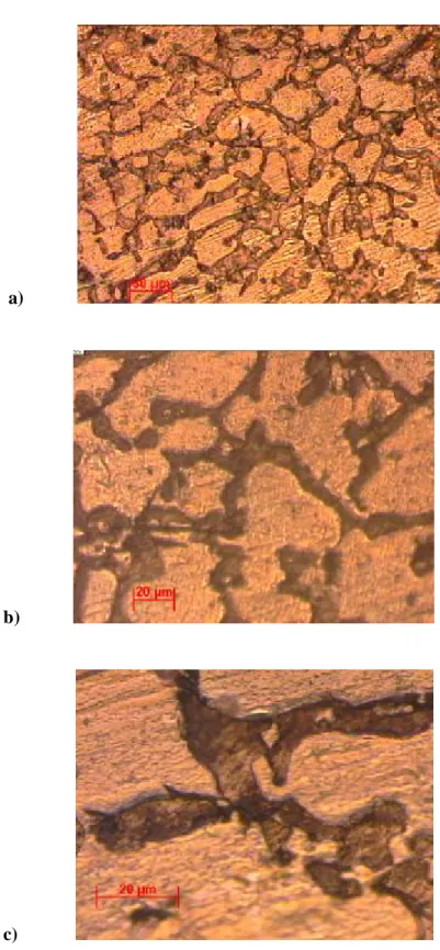 Fig.  19  :  Micrographie  d'un  échantillon  Al-20  %Cu  brut  homogénéisé  à  350  °C  suivant            les grossissements: 20, 50, 100 pour respectivement les figures a) b) c)