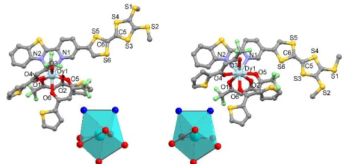 Fig.  1  Representation  of the complex [Dy(tta) 3 L]  in Dy(t) (left)  and Dy(m) (right)  with the coordination polyhedra in both structures (cyan, Dy; green, F; yellow, S; 