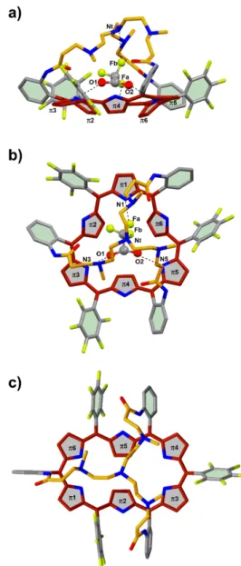 Figure 3. Crystallographic structure of compounds 1.6H + ᴐTFA - , (a) side and (b) top views,  and 1 (c), top view