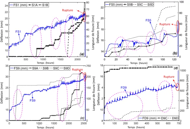 Fig. 2 : Evolution de la flèche en fonction de la propagation de la fissure 