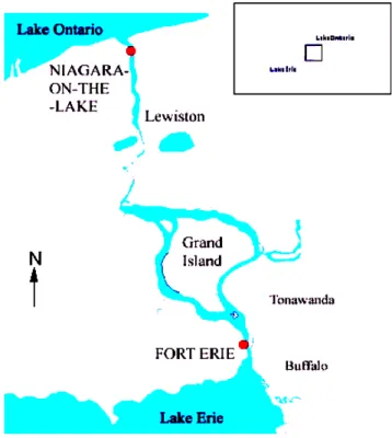 Figure 3.4 – Les stations de la rivi` ere de Niagara sur lesquelles porte notre ´ etude Ces donn´ ees ont ´ et´ e recueillies au cours de la p´ eriode de deux ans allant du 1 er avril 1999 au 31 mars 2001 afin de “d´ eterminer si les concentrations de prod