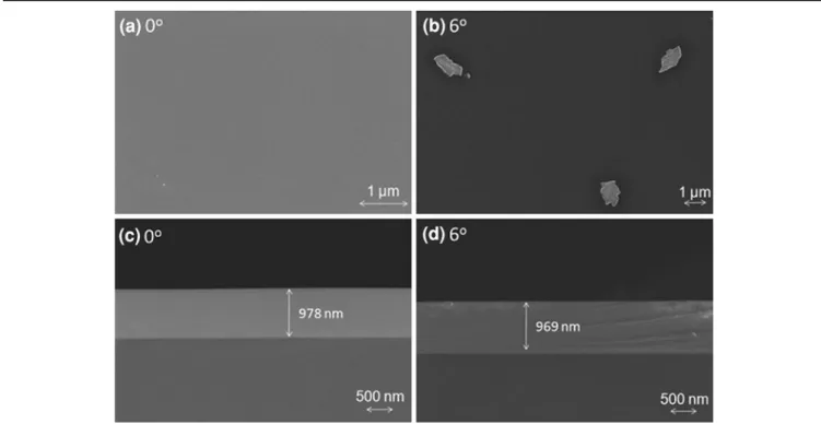 Fig. 1. SEM images of epitaxial Ge on Si substrate with (a, c) 0 offcut, (b, d) 6 offcut; (a, b) plan view, (c, d) cross-sectional view.