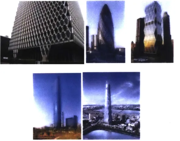 Figure  7:  Upper Row  from Left  to Right:  IBM  Building  (Boake,  2013),  Swiss  Re Tower,  Heast Tower;