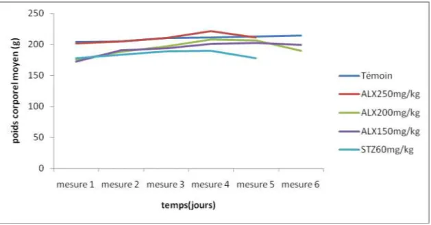Figure 15 : Variation du poids corporel moyen (g) des 5 lots de rats en fonction du temps