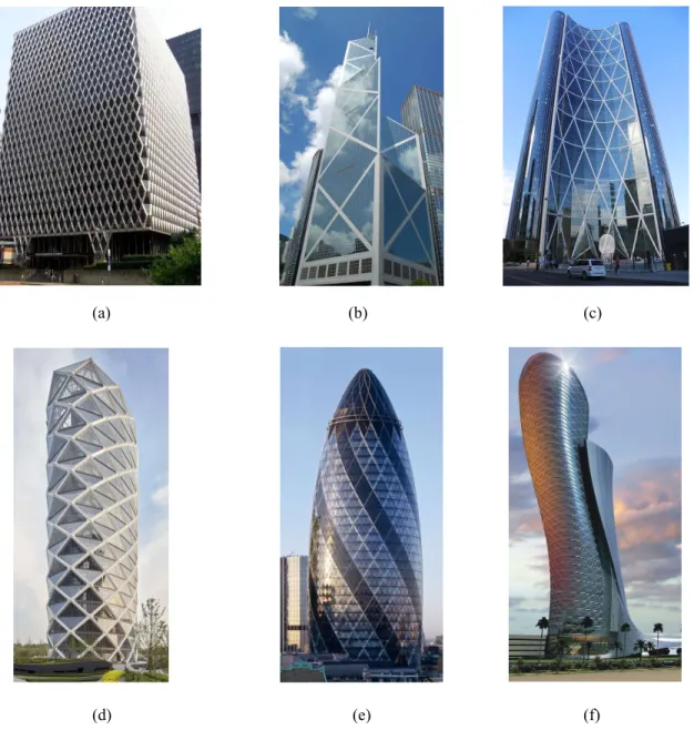 Figure 12. (a) United Steelworkers Building (b) Bank of China Tower (c) The Bow (d) Poly International Plaza (e)  30 St