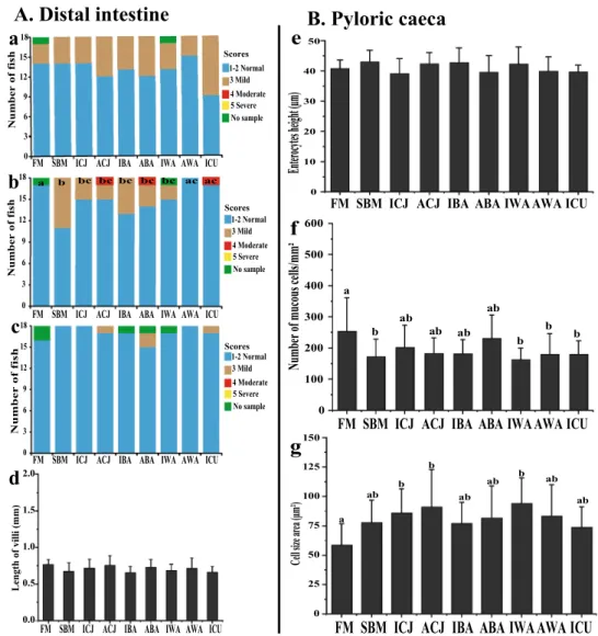 Figure 1.  Morphological and histopathological changes in the distal intestine (A) and pyloric caeca (B) of  Atlantic salmon fry fed FM-based diet or SBM-based diets with yeasts