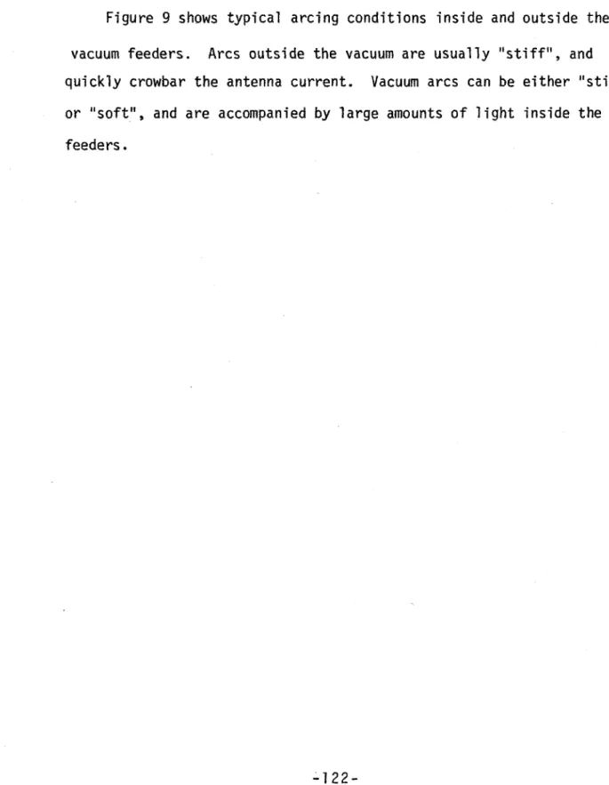 Figure  9 shows  typical  arcing conditions  inside  and outside  the vacuum feeders.  Arcs outside  the  vacuum are  usually  &#34;stiff&#34;,  and quickly  crowbar the  antenna  current