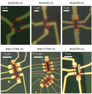 FIG. S1. Graphene devices. Optical pictures of the sam- sam-ples listed in Table S1. The red lines underline the edges of the hBN-encapsulated graphene flakes