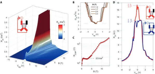FIG. S4. Low magnetic field quantum spin Hall effect in sample BNGrSTO-04. (A) Two-terminal resistance R 2t in units of h/e 2 of sample BNGrSTO-04 versus magnetic field B and back-gate voltage V bg measured at 4 K