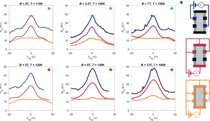FIG. S7. Resistance quantization at different points in the (B,T) phase diagram. (A) Two-terminal longitudinal resistance R 2t versus gate voltage V bg of sample BNGrSTO-07