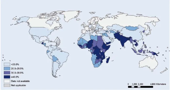 Fig. 2.1. Latest country prevalence estimates for stunting among children younger than 5 years