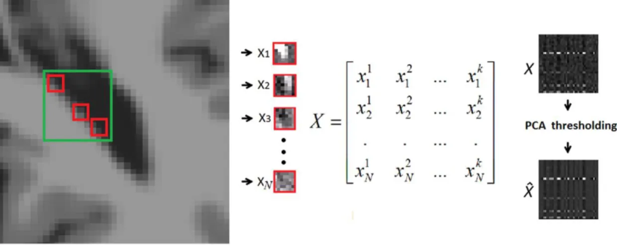 Figure 1. Overview of NL-PCA scheme. A set of N similar patches are selected to create a matrix X