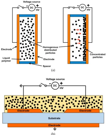 Figure 1. Impact of high permittivity particles arrangement in a polymer  composite on the permittivity gradient along a distance: (a) neat polymer,  (b) particle homogenous distribution, (c) particle gradient distribution (FGM  with gradient).