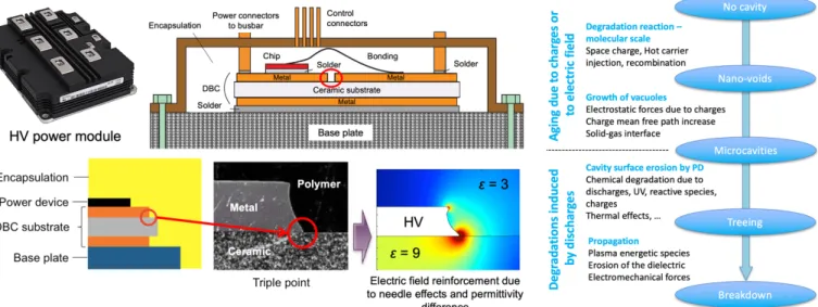 Figure 1. (a) Cross-section view of a HV power electronics module. The red circle shows the triple point location where the electric field is strongly enhanced  (see FEM modelling)