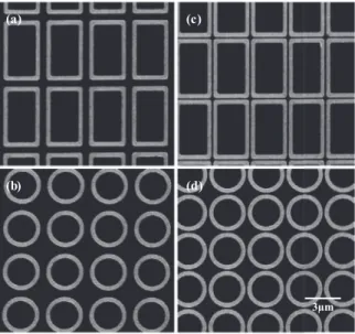 FIG. 1. SEM micrographs of (a), (b) further apart (spacing, s = 550 nm) and (c), (d) closely spaced (s = 150 nm) rectangular and circular rings arrays.