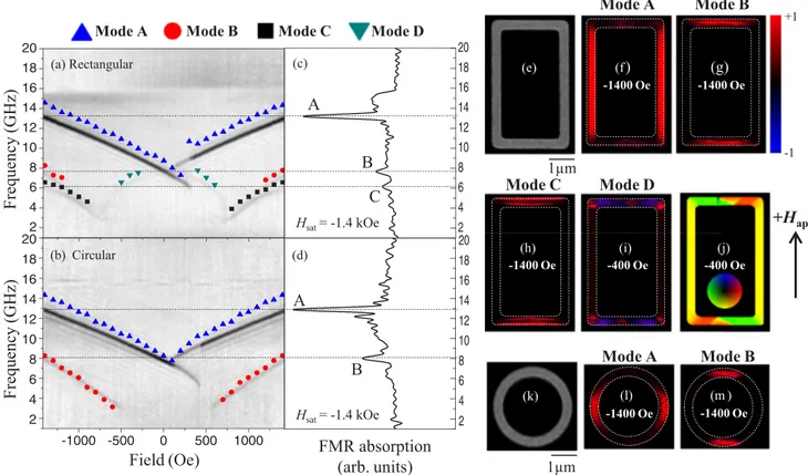 FIG. 2. (Color online) (a), (b) 2D FMR absorption intensity plots of 30-nm-thick film NiFe rings