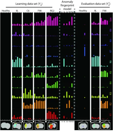 Fig. 8. Refined anomaly signatures by subject. Each signature is represented by a column with 10 rows (bars) indicated on the right hand side by K1 - K9 and Size