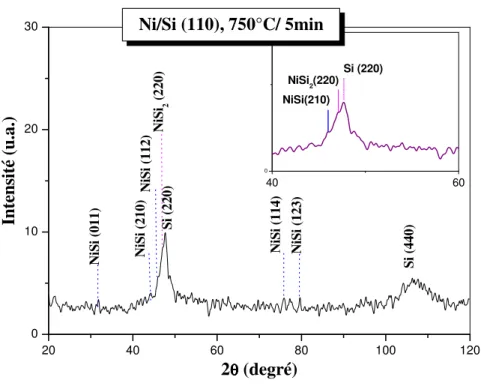 Figure III.4. Diagramme de diffraction de rayons X de l'échantillon Ni/Si (110) recuit à  750°C pendant 5 minutes
