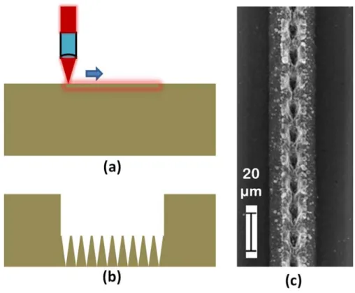 Fig. 1. (a) Linear translation of laser (b) Cross section of machined line and (c) Top view of machined line 