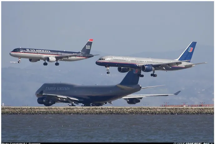 Figure 6 – Parallel landings at SFO, with a third departing aircraft waiting (Gunawan, 2006) 