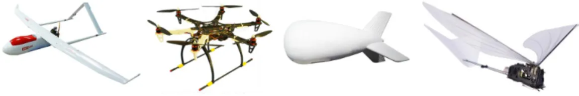 Figure 1.2: From the left to the right: fixed-wing, rotary-wing, blimp and flapping-wing airframes