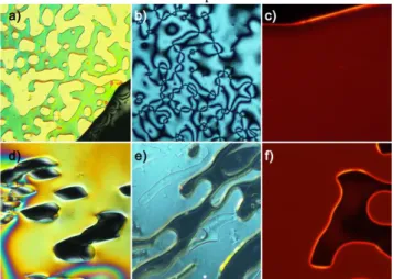 Figure 2. Polarized optical micrographs obtained for a) CE9 (45°C), b)  and c) (2CE9:Cs)2Mo6Br14 (80°C, b) white light, c) UV irradiation),  d) CE3 (80°C), e) and f) (2CE3:Cs)2Mo6Br14 (85°C, e) white light, f) 