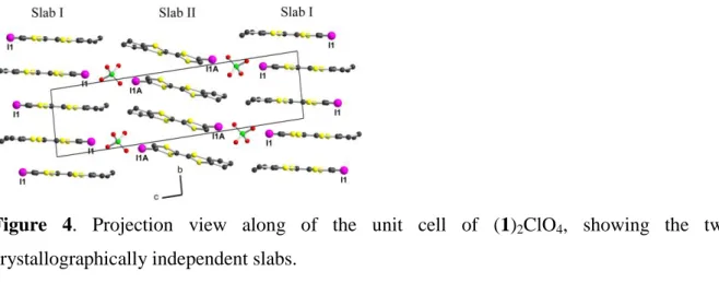 Figure  4.  Projection  view  along  of  the  unit  cell  of  (1) 2 ClO 4 ,  showing  the  two  crystallographically independent slabs