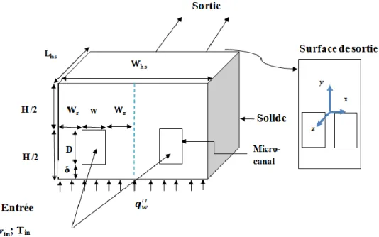 Figure  (III.5):  Géométrie de l'écoulement  du  nanofluide   dans  les dissipateurs  de chaleur à micro-canaux