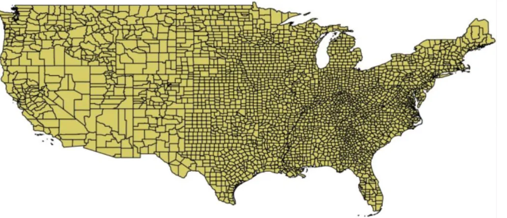 Figure 1 : Cette carte des limites de comté aux Etats-Unis a une forte complexité visuelle mais une faible complexité  intellectuelle