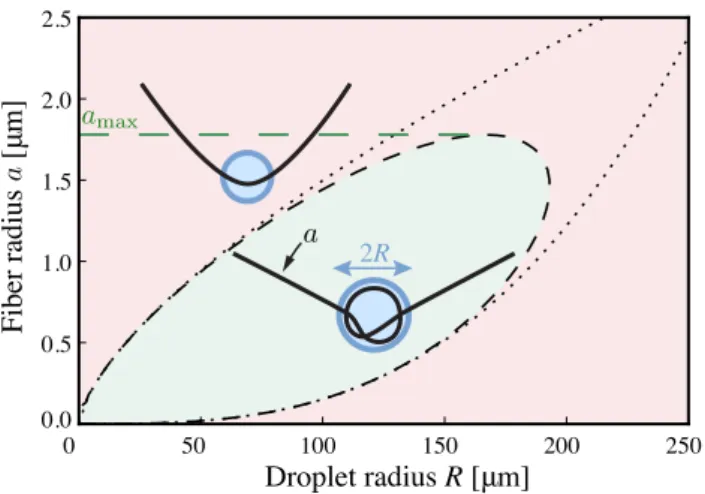 Figure 3: Cylindrical fiber of radius a undergoing coiling inside a liquid drop of radius R in the gravity field