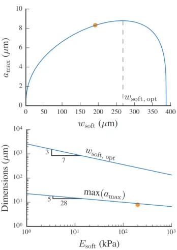 Figure 9: Optimal dimensions for the fiber and the auxiliary beam width. The auxiliary beam has Young’s modulus E soft (PVS) and an aspect ratio k = h soft /w soft = 0.34 (value used experimentally)