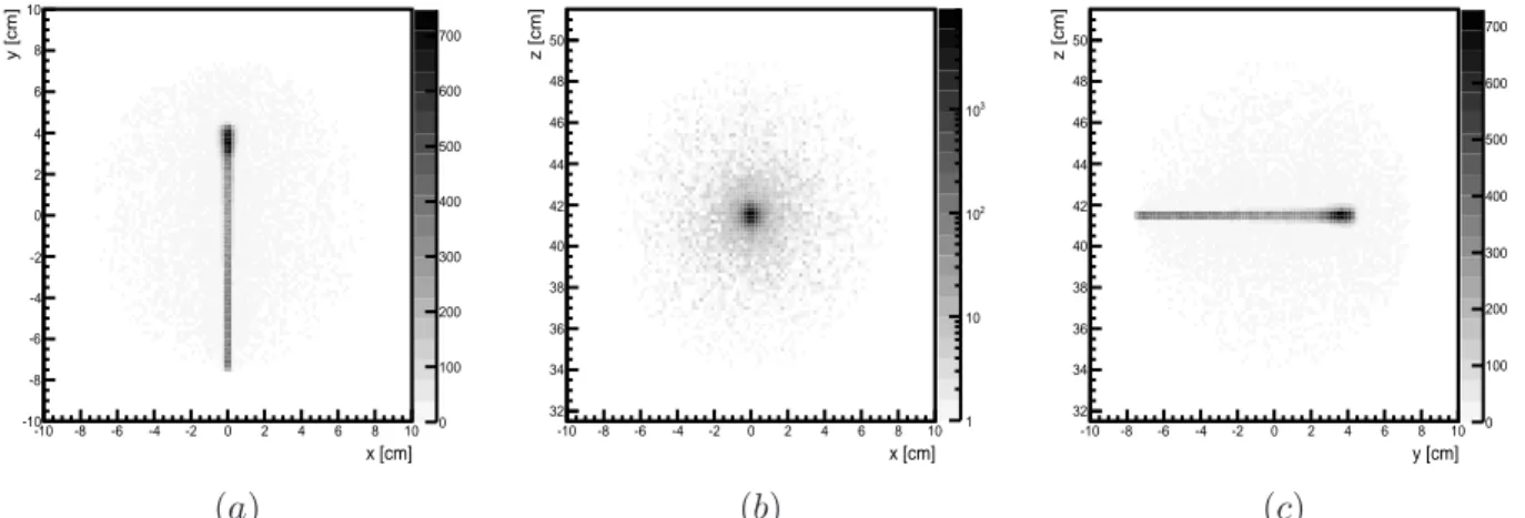 Figure 4.19: Simulated 2D images of (a) xy-projection, (b) xz-projection, (c) yz-projection of the emission location of gamma rays at energy interval [8 MeV, 30 MeV], leaving the PMMA phantom during irradiation by the proton beam at 140 MeV.