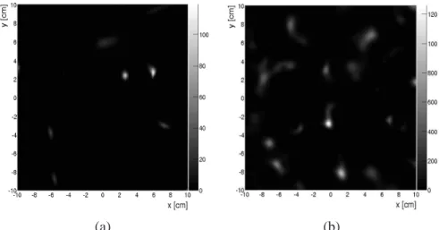 Figure 4.27: Reconstructed images of the 20 MeV neutron point source after 19 iterations (a) without electron tracking, and (b) with electron tracking.