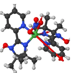 Fig. 0.3 The [Ni(II)(HIM 2 − py) 2 (NO 3 )] + molecule. The thick arrows shows the direction of the axial magnetization and the thiner arrows the two other principal axes of the d tensor.