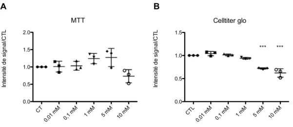Figure 2 Comparaison de la viabilité des cellules MDA-MB-231 exposées à des doses croissantes de lidocaïne pendant 4h  selon technique de MTT ou de Cell Titer Glo ®