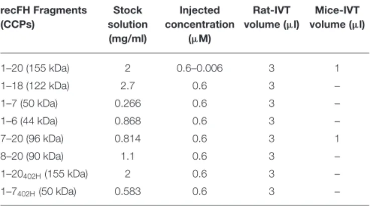 TABLE 1 | Concentration of recFH fragments. recFH Fragments (CCPs) Stock solution (mg/ml) Injected concentration(µM) Rat-IVT volume (µl) Mice-IVT volume (µl) 1–20 (155 kDa) 2 0.6–0.006 3 1 1–18 (122 kDa) 2.7 0.6 3 – 1–7 (50 kDa) 0.266 0.6 3 – 1–6 (44 kDa) 