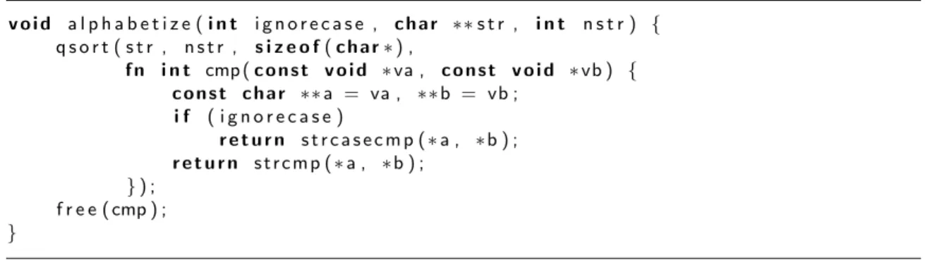 Figure 6-1: This example shows how a function expression can be used to pass the standard library function qsort a dynamically constructed function that refers to the ignorecase variable from the enclosing scope.