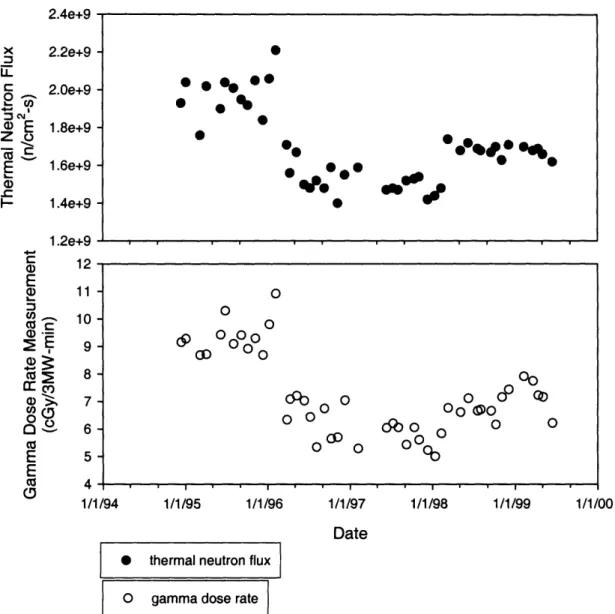 Figure 4:  Results of  the  routine gamma dose rate (bottom) and  thermal neutron flux measurements (top) performed by BNL from December 1994 to June 1999  [7]