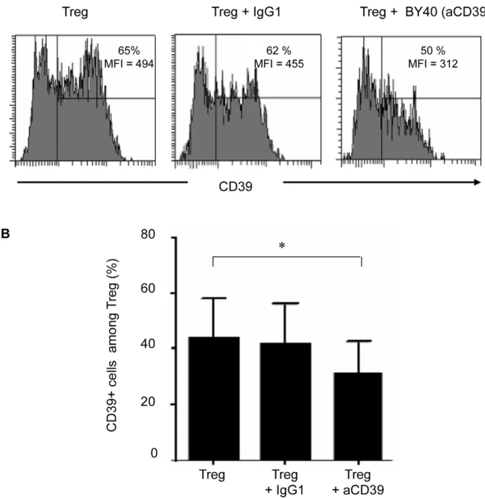 Figure 2. Preincubation of Treg with anti-CD39 BY40 mAb down-modulates CD39 expression on Treg