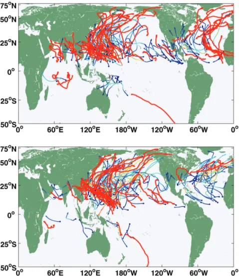 Figure 2. Tracks of 100 randomly selected downscaled tropical cyclones (multi-colored) and all explicit tropical cyclones (red) for the CTL (top) and GW (bottom) experiments