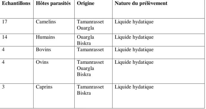 Tableau 2. Caractéristiques des échantillons d’Echinococcus granulosus  Echantillons  Hôtes parasités  Origine  Nature du prélèvement 