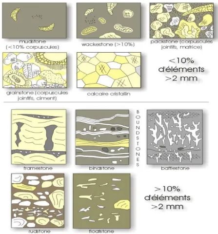 Fig.  I.2-3-  Classification  des  roches  calcaires  selon  Dunham  (1962)  et  Embry  &amp;  Klovan  (1972)